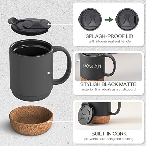 Ceramic Coffee Mug with Insulated Cork Bottom Lid and Handle Set of 2 - 15 Oz Matte Grey.