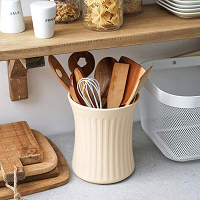 Ceramic Kitchen Utensil Holder - 7.3 Inches, Matte Beige.