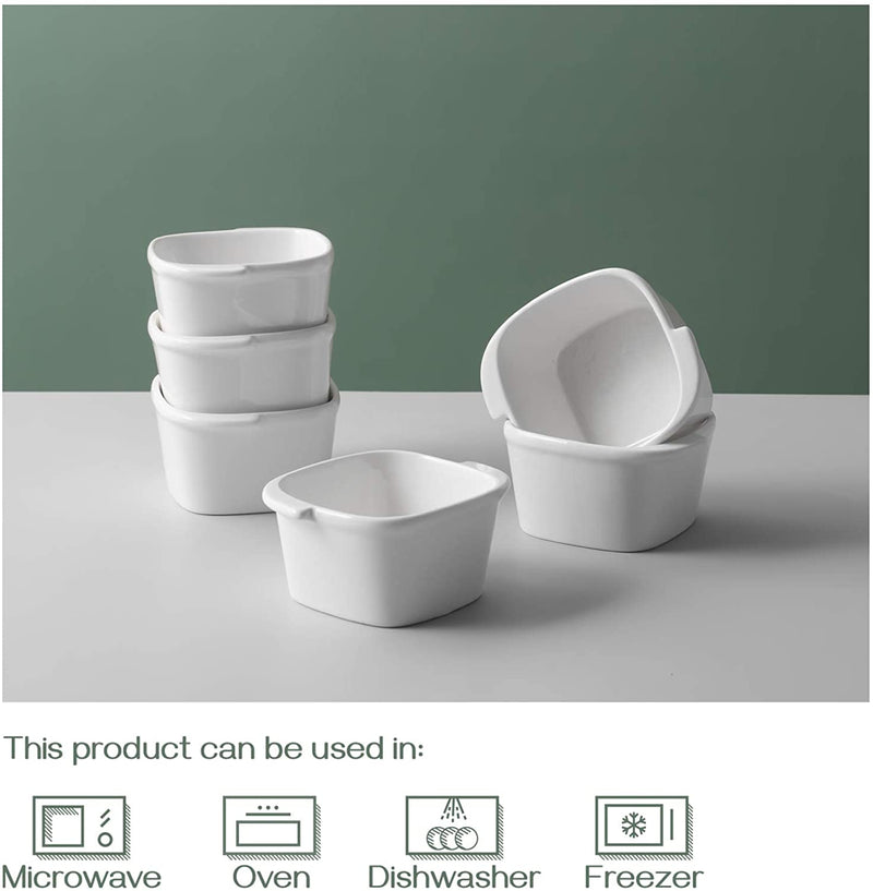 Ceramic Ramekin Bowls with Handle Set of 6 - 6 Oz White.