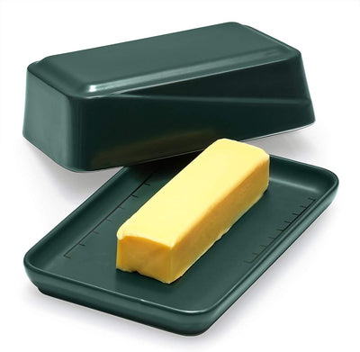 Ceramic Butter Dish with Lid and Measurement Line - Dark Green.