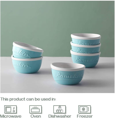 Ceramic Souffle Ramekin Bowls Set of - 6 6 Oz Turquoise/White.