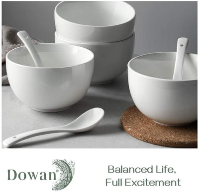 Ceramic Deep Soup Cereal Bowls Spoons Set of 4 - 30 Oz White.