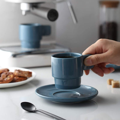 Ceramic Stackable Espresso Cups with Saucers Set of 6 - 4 Oz Air Blue.