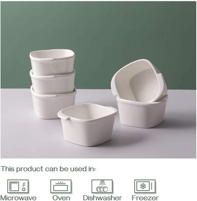 Ceramic Ramekin Bowls with Handle Set of 6 - White.