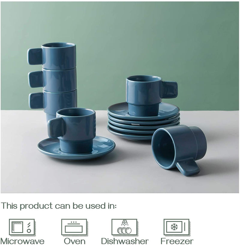 Ceramic Stackable Espresso Cups with Saucers Set of 6 - 4 Oz Air Blue.