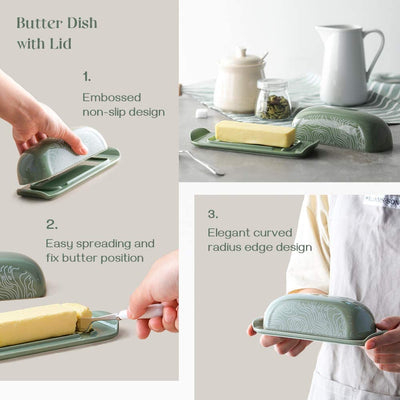 Ceramic Butter Dish Container with Lid - Green.