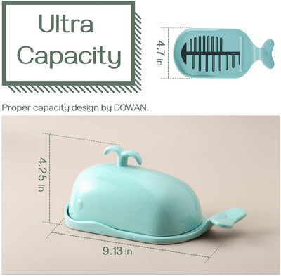 Ceramic Butter Dish with Lid Handle Measuring Line - Large Turquoise Whale.