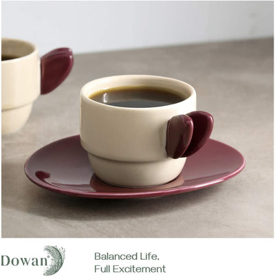 Ceramic Stackable Espresso Cups with Saucers Set of 6 - 3.5 Oz Purple.