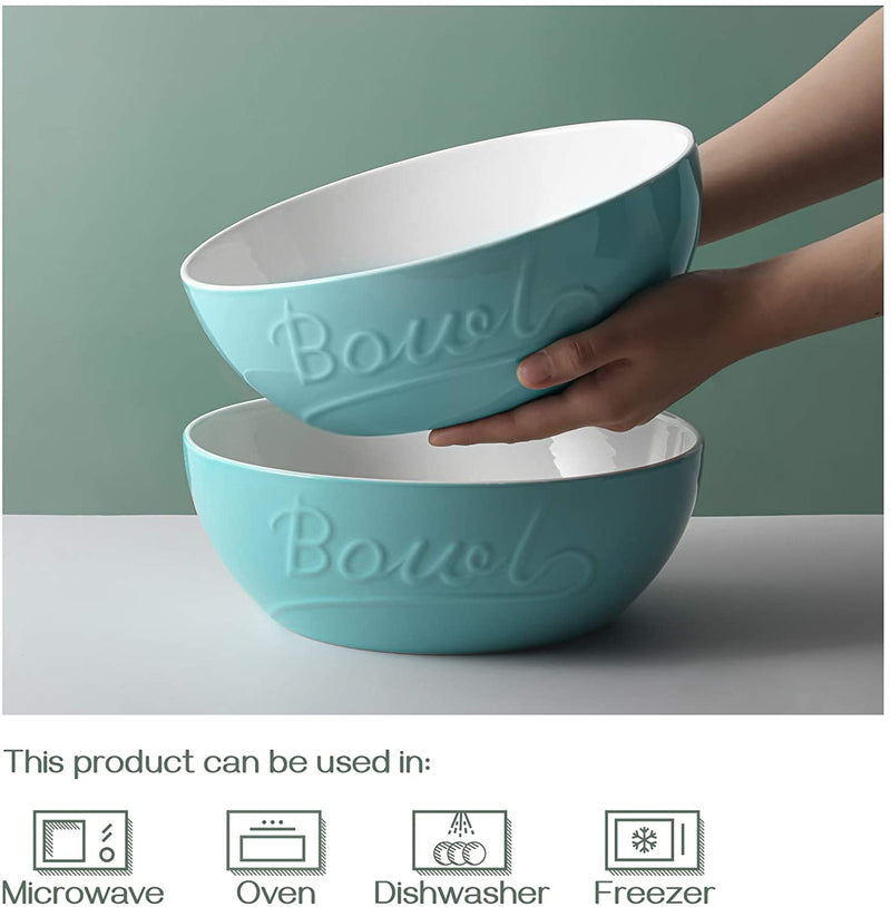 Ceramic Pasta Serving Salad Mixing Deep Bowls Set of 2 - 95 Oz Turquoise.