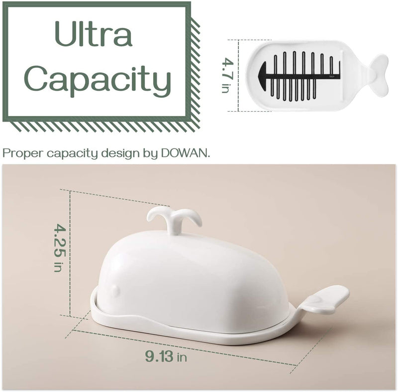 Ceramic Butter Dish with Lid Handle Measuring Line - White Whale.