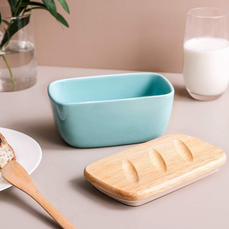 Ceramic Butter Dish Container with Wooden Lid - Turquoise.