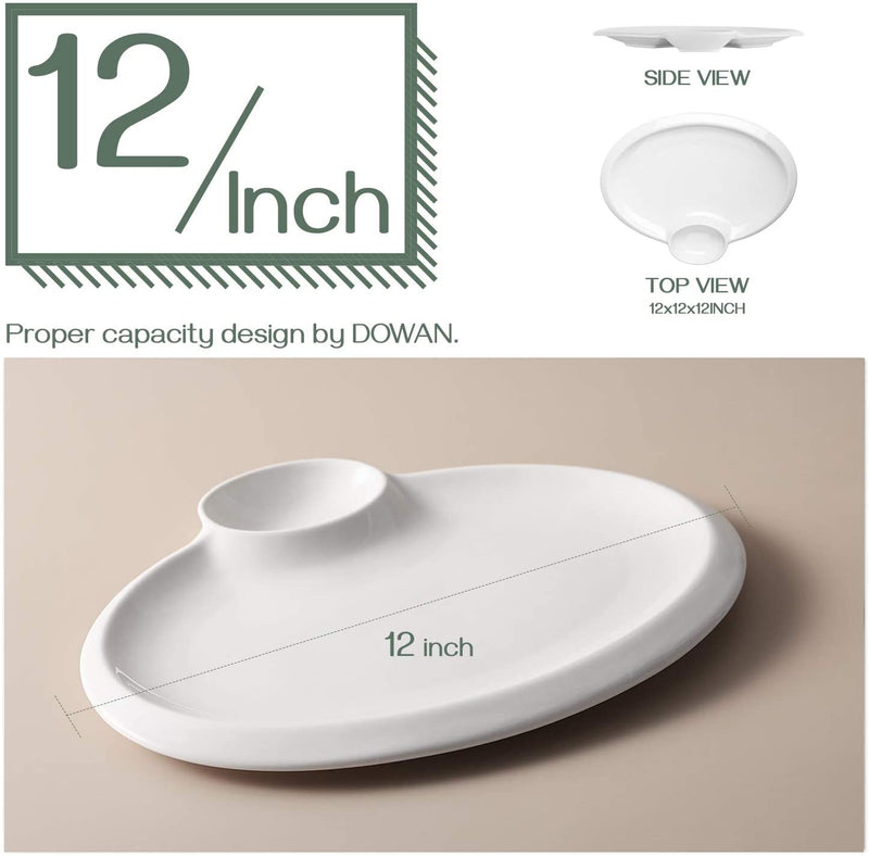 Ceramic Chip and Dip Serving Plates with Sauce Set of 2 - 12 Inches White.