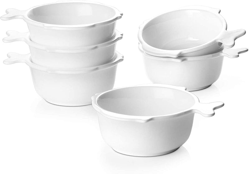 Ceramic Ramekin Bowls with Fish-shaped Handle Set of 6, 10 Oz White.