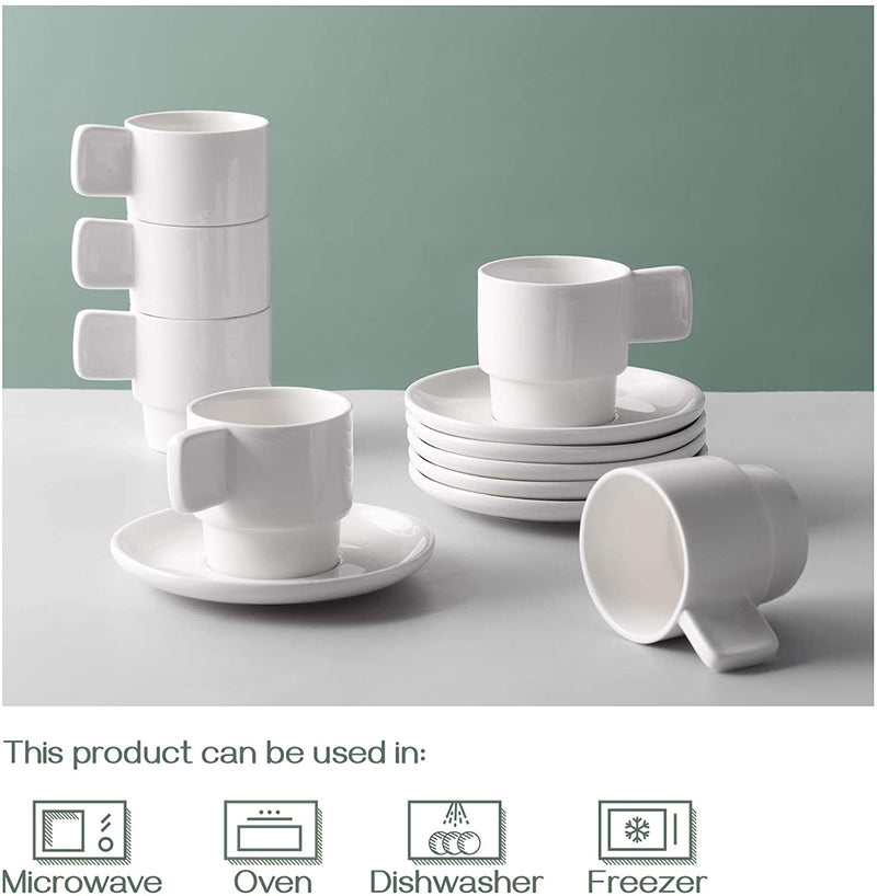 Ceramic Stackable Espresso Tea Cups with Saucers Set of 6 - 4 Oz White.