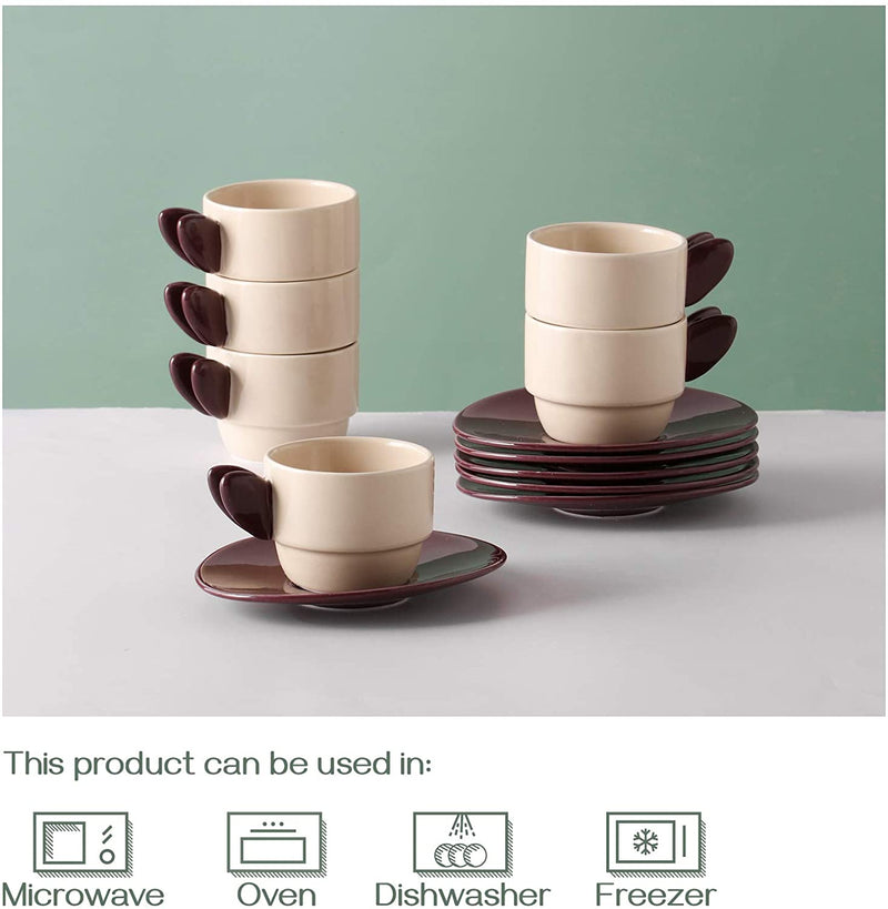 Ceramic Stackable Espresso Cups with Saucers Set of 6 - 3.5 Oz Purple.