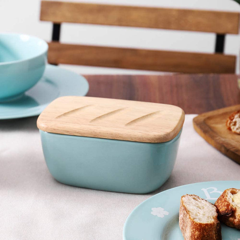 Ceramic Butter Dish Container with Wooden Lid - Turquoise.