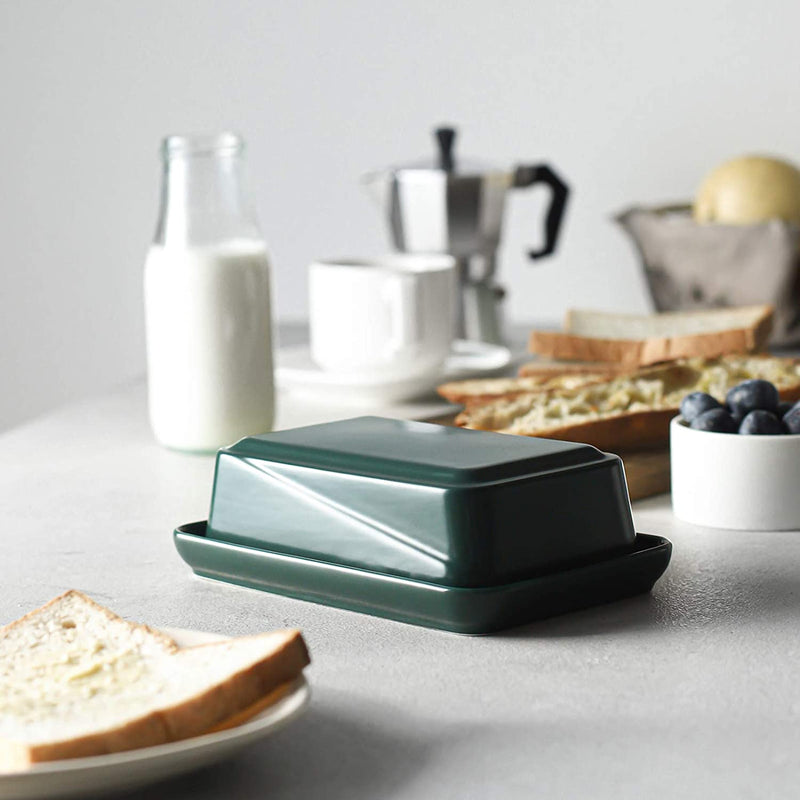 Ceramic Butter Dish with Lid and Measurement Line - Dark Green.