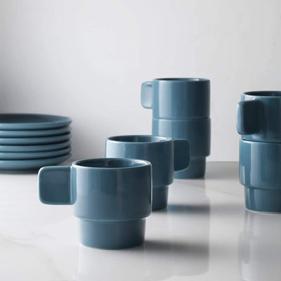 Ceramic Stackable Espresso Cups with Saucers Set of 6 - 4 Oz Air Blue.