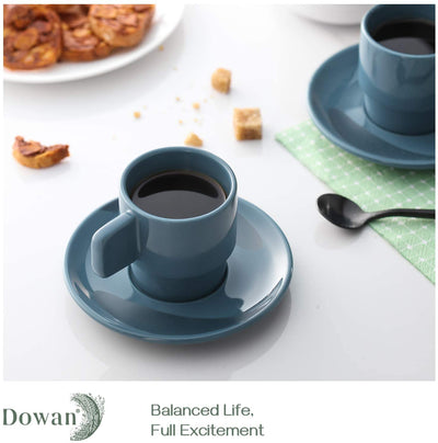 Ceramic Stackable Espresso Cups with Saucers Set of 6 - 4 Oz Air Blue.