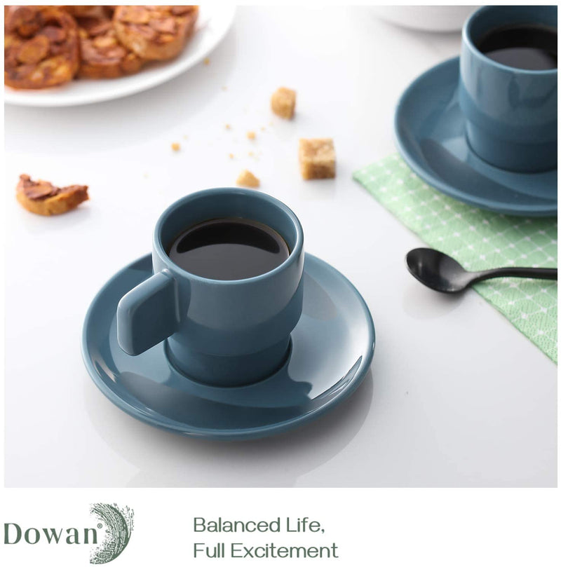 Ceramic Stackable Espresso Cups with Saucers Set of 6 - 4 Oz Air Blue.