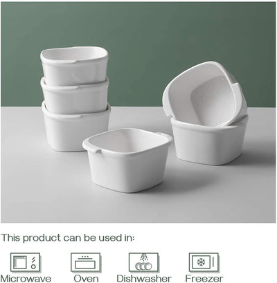 Ceramic Ramekin Bowls with Handle Ramekins Set of 6, 8 Oz White.