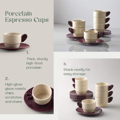 Ceramic Stackable Espresso Cups with Saucers Set of 6 - 3.5 Oz Purple.