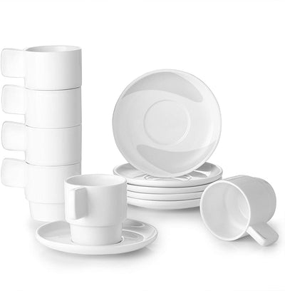 Ceramic Stackable Espresso Tea Cups with Saucers Set of 6 - 4 Oz White.