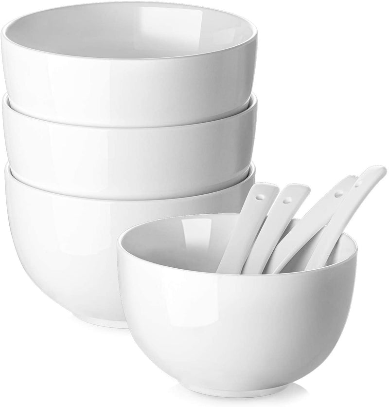 Ceramic Deep Soup Cereal Bowls Spoons Set of 4 - 30 Oz White.