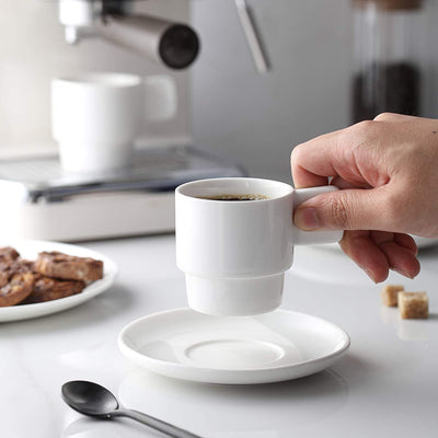 Ceramic Stackable Espresso Tea Cups with Saucers Set of 6 - 4 Oz White.