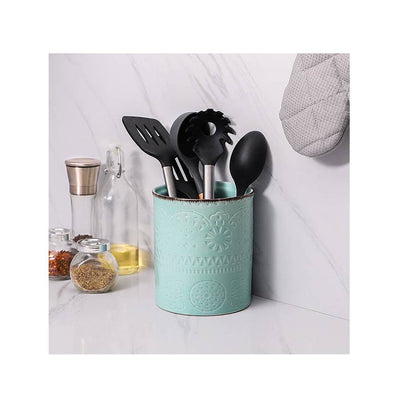 Ceramic Kitchen Embossed Utensils Holder - 7.2 Inches.