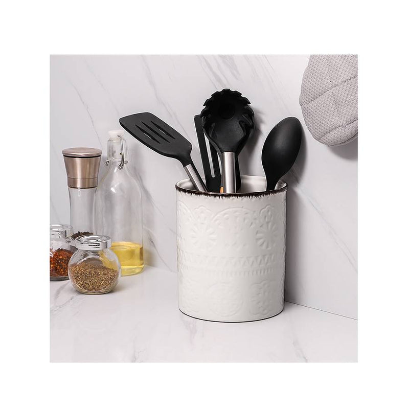 Ceramic Kitchen Embossed Utensils Holder - 7.2 Inches.