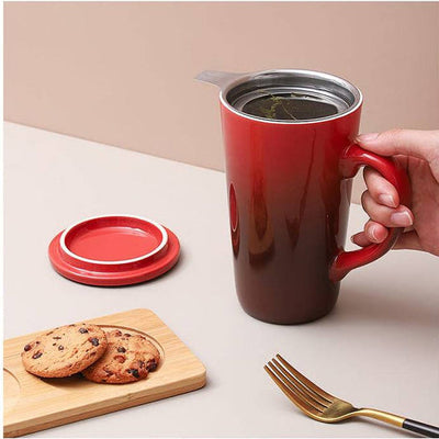 Ceramic Tea Mug with Infuser and Lid - 17 Oz Red.