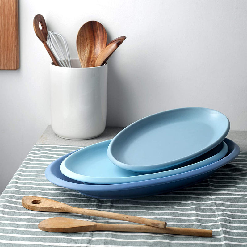 Large Ceramic Serving Oval Plates Dishes Set of 3 - 16 Inches/14 Inches/12 Inches Airy Blue.