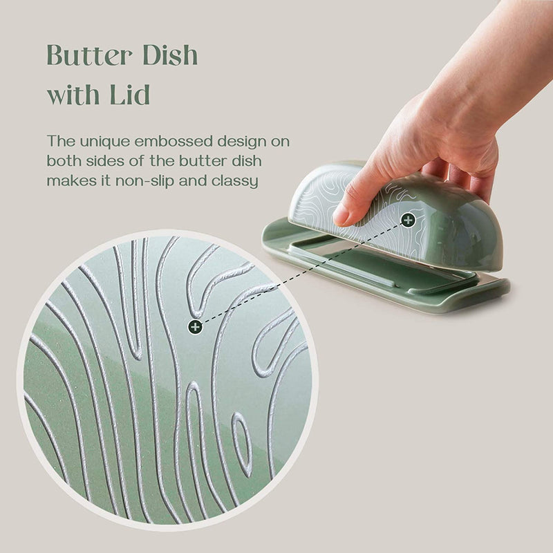 Ceramic Butter Dish Container with Lid - Green.