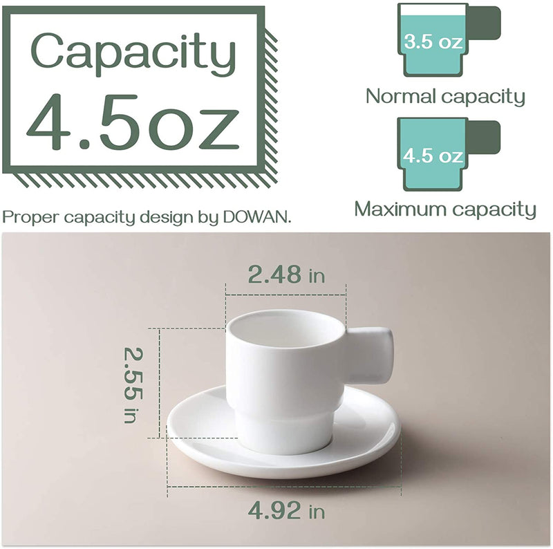 Ceramic Stackable Espresso Tea Cups with Saucers Set of 6 - 4 Oz White.