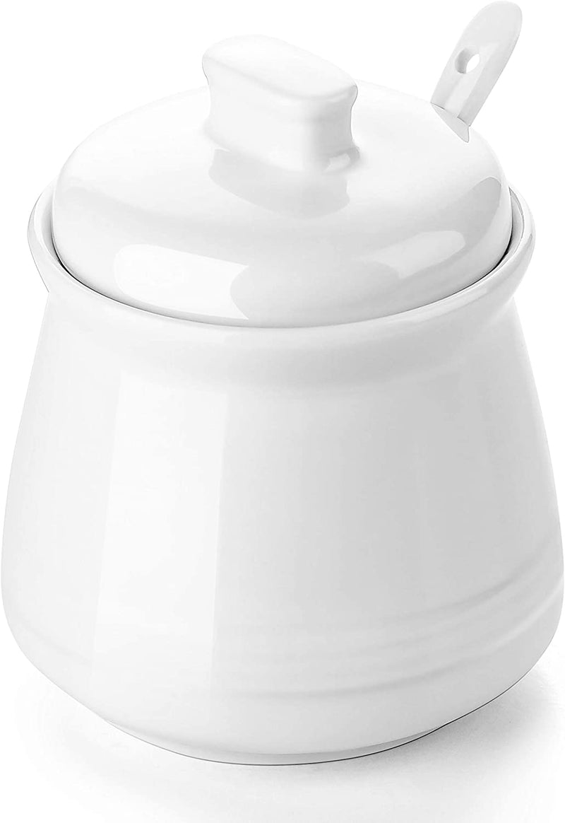 Ceramic Sugar Salt Jar Container with Spoon and Lid - 12 Oz White.