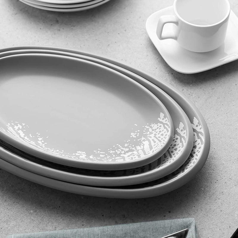 Ceramic Oval Serving Plates Set of 3 - 12/14/16 Inches Grey Matte.