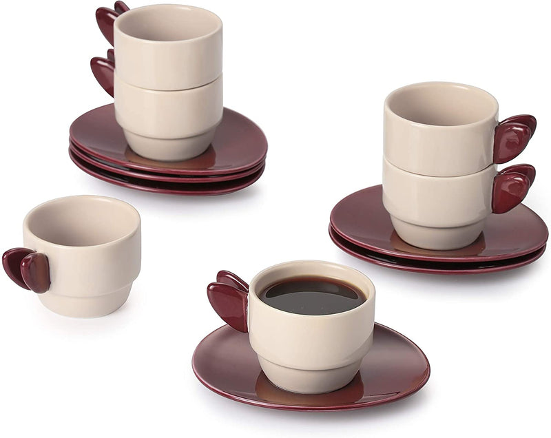 Ceramic Stackable Espresso Cups with Saucers Set of 6 - 3.5 Oz Purple.