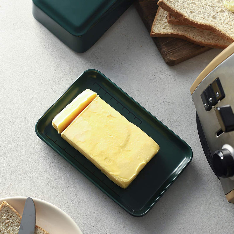 Ceramic Butter Dish with Lid and Measurement Line - Dark Green.