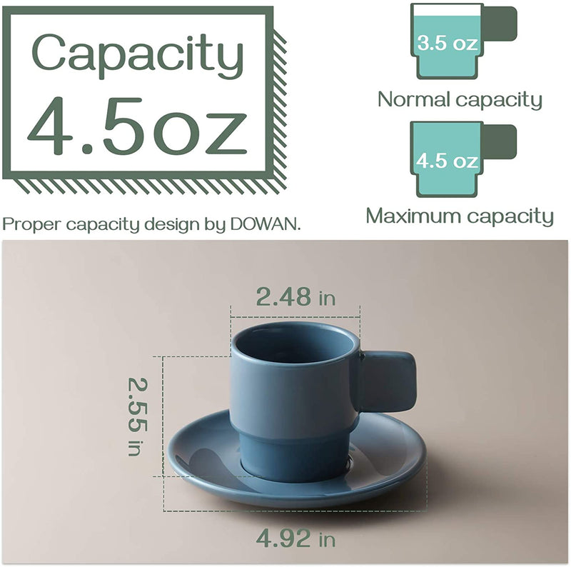 Ceramic Stackable Espresso Cups with Saucers Set of 6 - 4 Oz Air Blue.