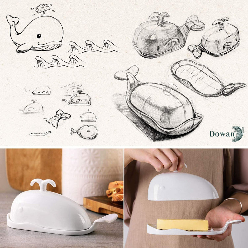 Ceramic Butter Dish with Measurement Line and Lid  - White Dolphin.