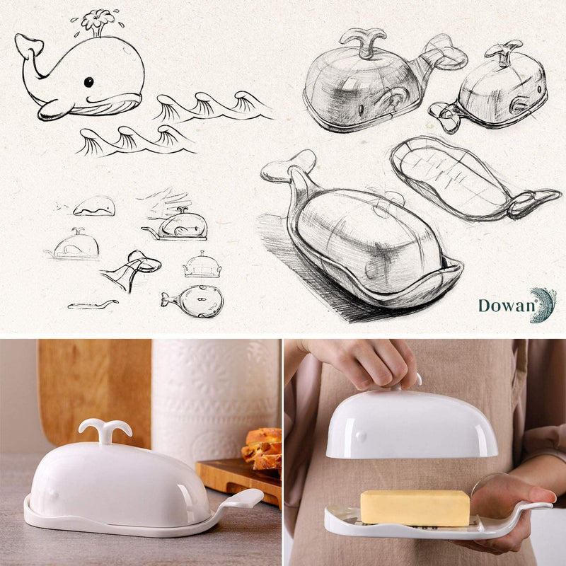 Ceramic Butter Dish with Lid Handle Measuring Line - White Whale.