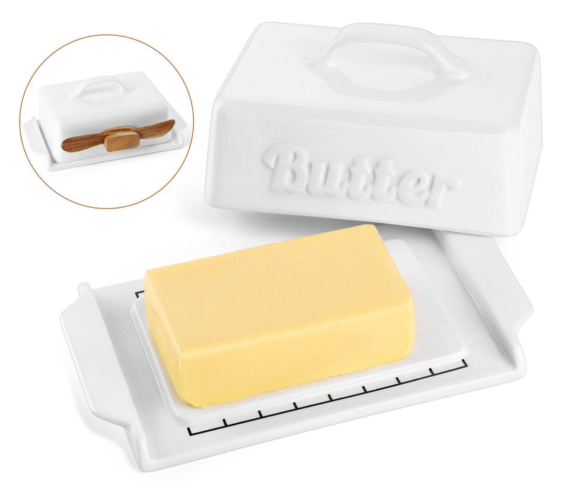 Ceramic Butter Dish Container with Lid and Wooden Knife.