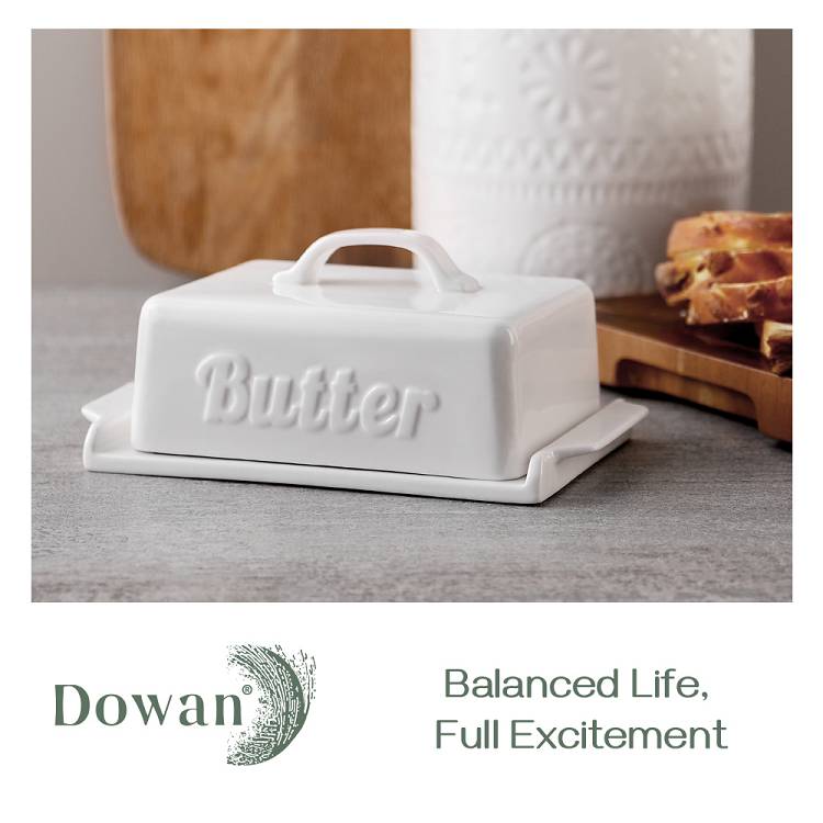 Ceramic Butter Dish Container with Lid and Wooden Knife.