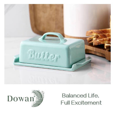 Ceramic Butter Dish Container with Lid Wooden Knife - Large Turquoise.