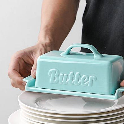 Ceramic Butter Dish Container with Lid Wooden Knife - Mini Turquoise.