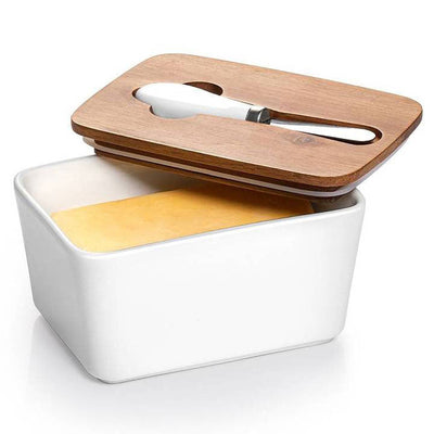 Ceramic Butter Dish with Wooden Lid and Steel Knife - Large White.