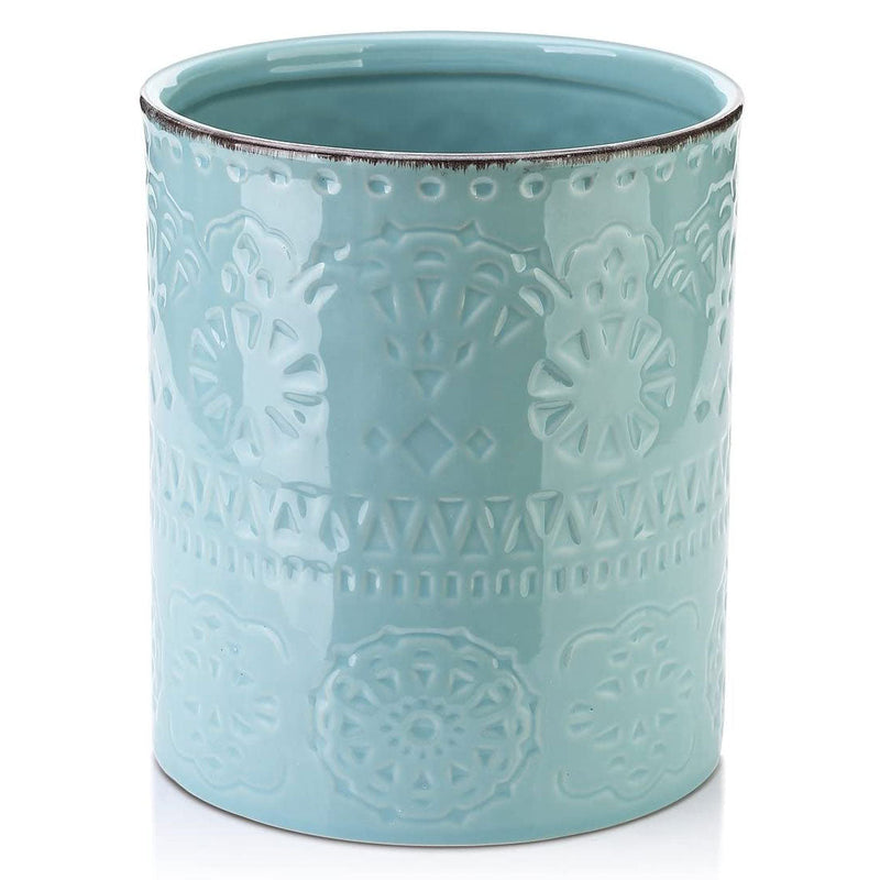 Ceramic Kitchen Embossed Utensils Holder - 7.2 Inches Turquoise.