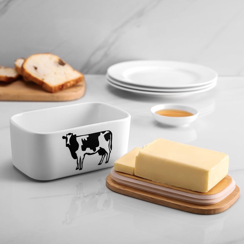 PRFFECT Ceramic Buttor Dish with Lid -Large White Cow.