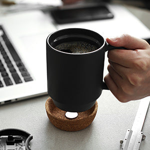 Ceramic Coffee Mug with Insulated Cork Bottom Lid and Handle Set of 2 - 15 Oz Matte Grey.